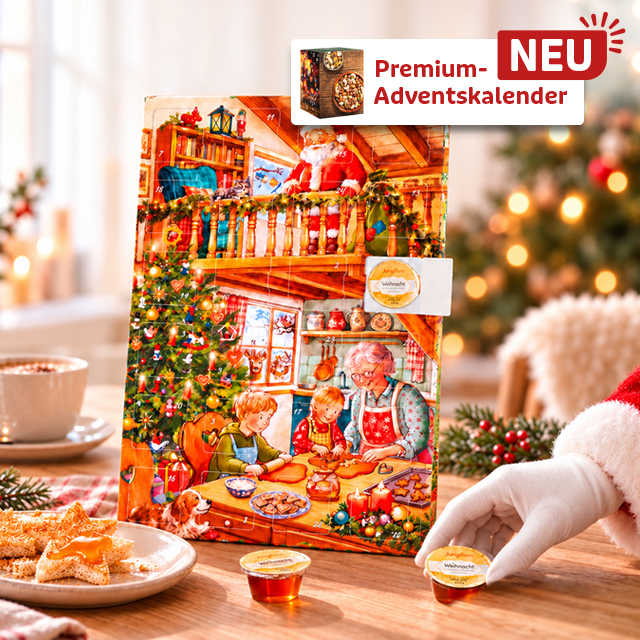 Premium-Adventskalender mit Weihnachtsmotiv, Gebäck und Honig
