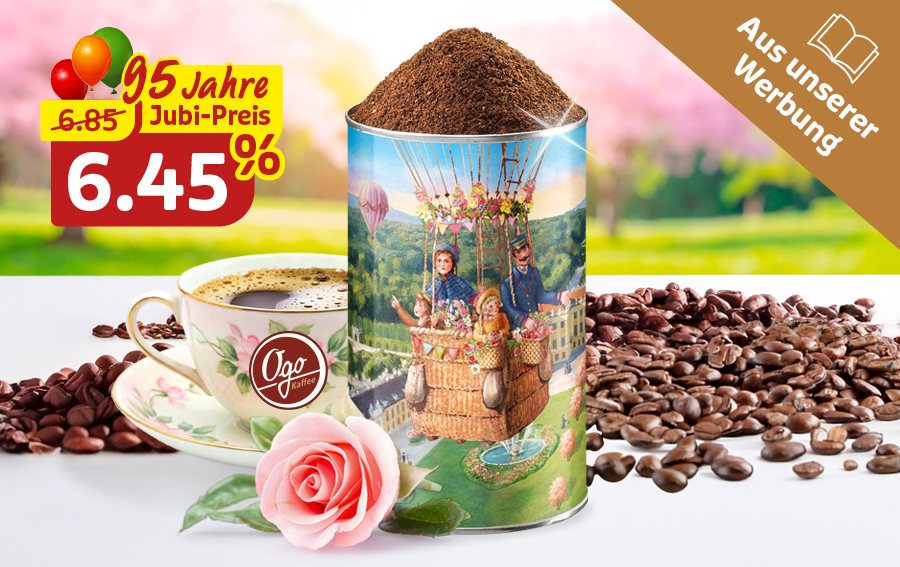 Ogo Kaffee in Schmuckdose mit Tasse, Bohnen und Rose