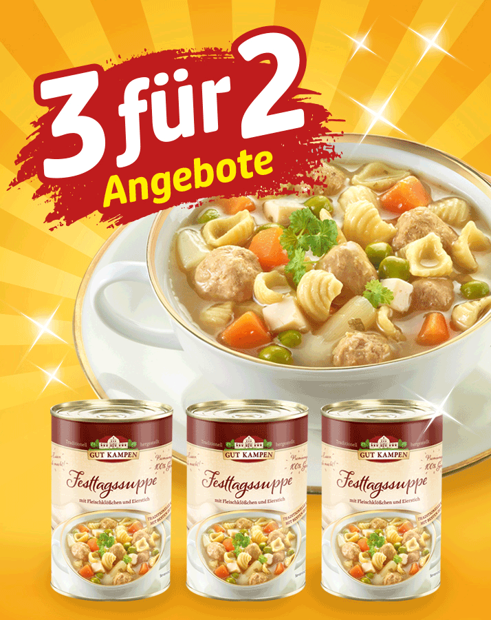 3-für-2 Angebot mit Gut Kampen Festtagssuppe in Dosen und servierter Suppe