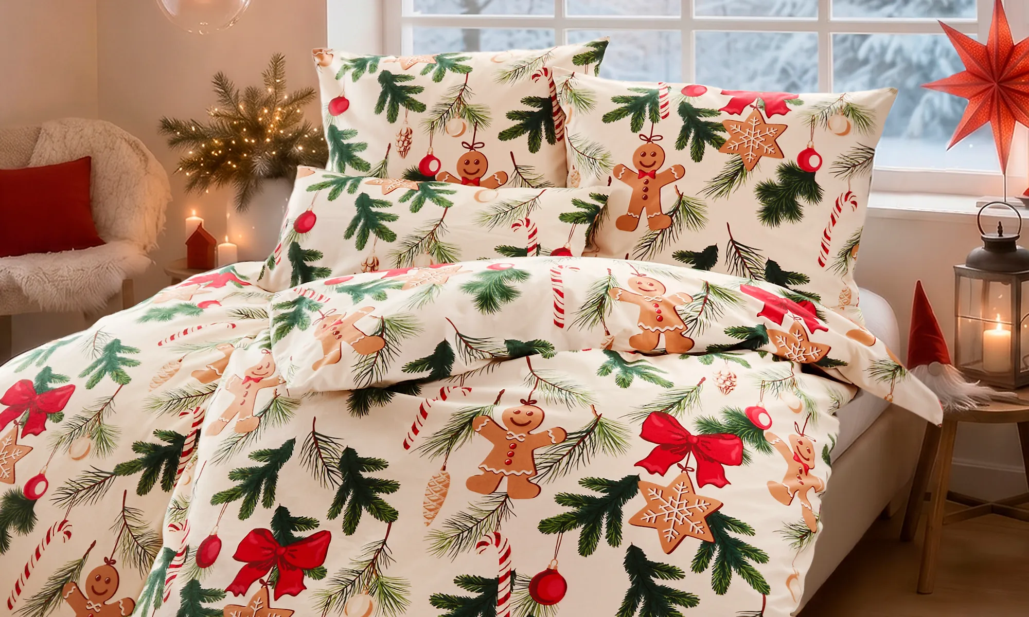 Gemütlich dekoriertes Schlafzimmer mit weihnachtlicher Bettwäsche