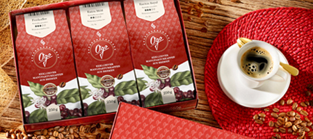 Kaffee-Geschenkset mit drei Sorten und Tasse