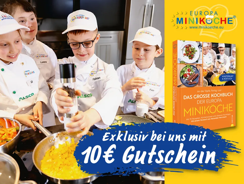 Miniköche beim Kochen, Rezeptgerichte, Kochbuch und 10-Euro-Gutschein