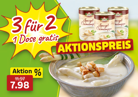 Spargelcremesuppe im Aktionsangebot 3 für 2 mit Dosenabbildung