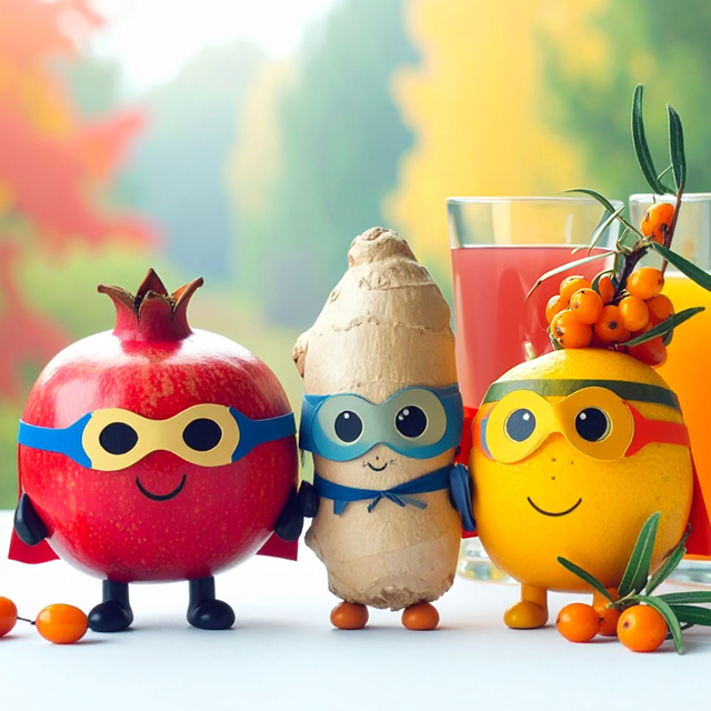 Herbsthelden Ingwer, Sanddorn und Granatapfel als Superhelden
