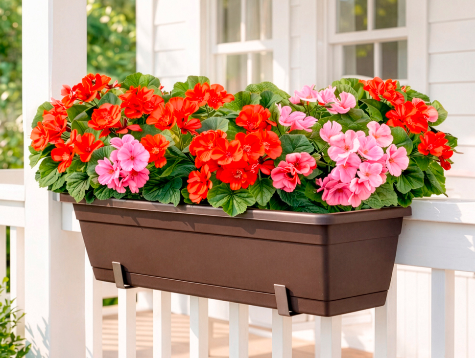 Blumenkasten mit roten und rosa Geranien am sonnigen Balkon