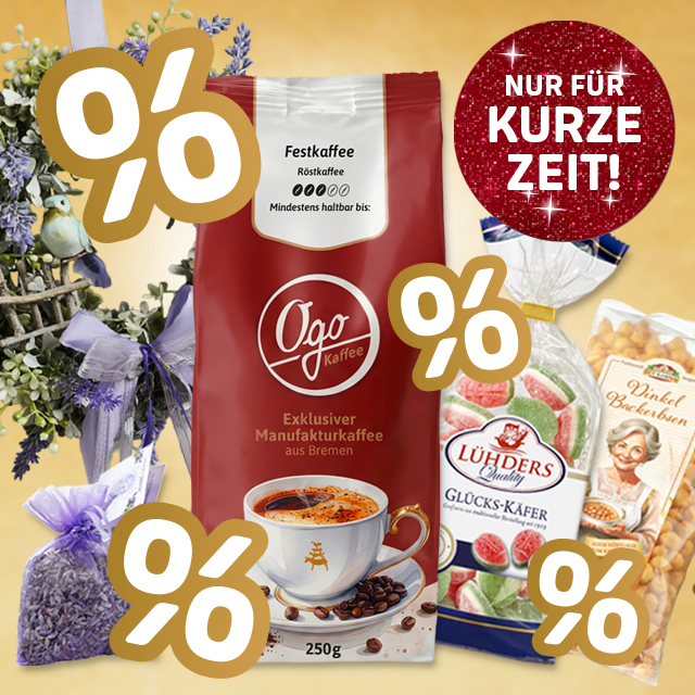 Jubiläumsangebote mit Kaffee, Süßwaren und Prozentzeichen