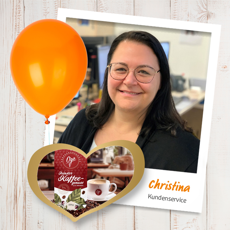 Porträt von Christina aus dem Kundenservice mit Kaffeeempfehlung