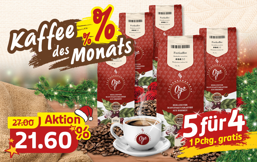 Kaffeepakete und Tasse mit Bohnen als Kaffee des Monats