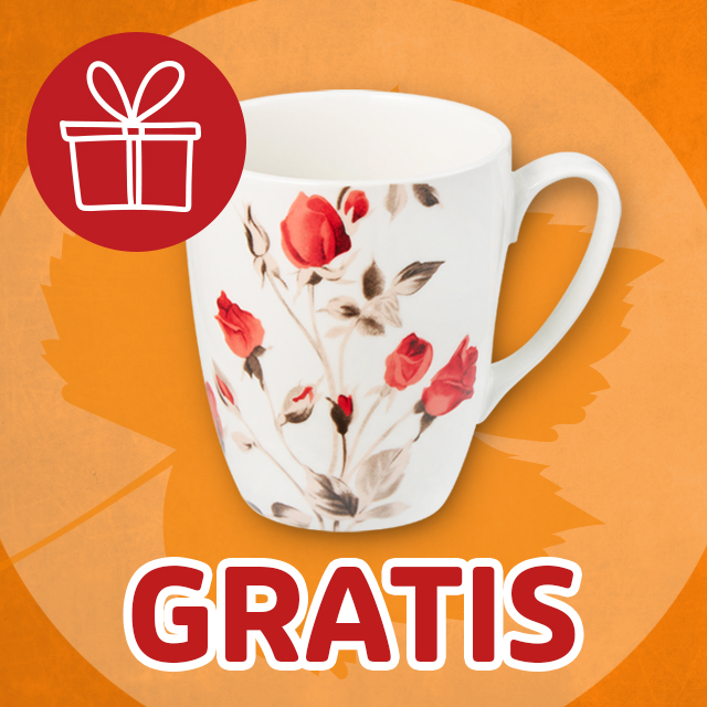 Weiße Porzellantasse mit Rosenmotiv als Gratisartikel