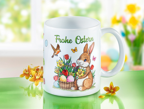 Tasse mit „Frohe Ostern“-Motiv und Osterhase