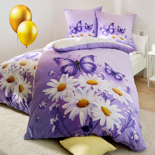 Bettwäsche mit Schmetterlings- und Blumenmotiv in Lila