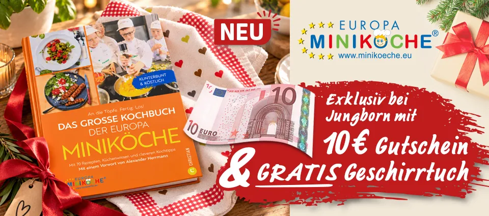 Europa Miniköche Kochbuch mit 10-Euro-Gutschein und Gratis-Geschirrtuch