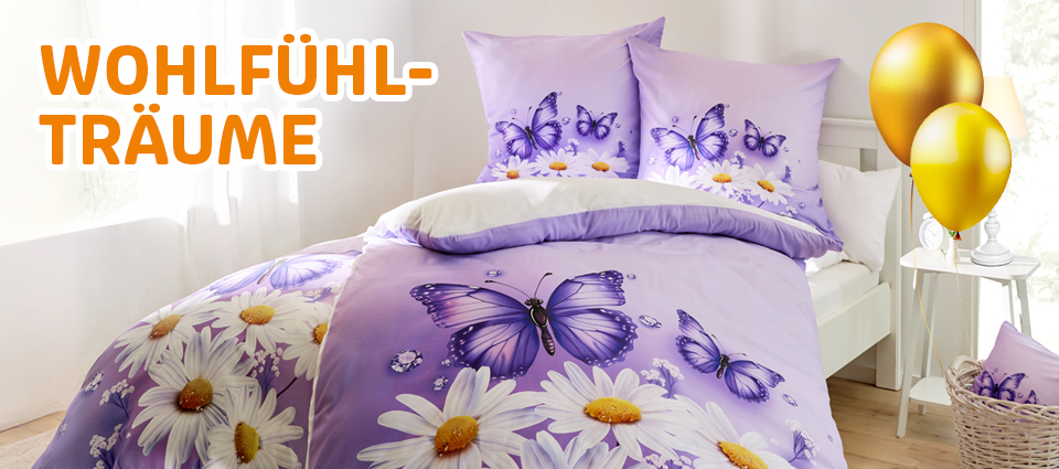 Bettwäsche mit Schmetterlings- und Blumenmotiv in Lila