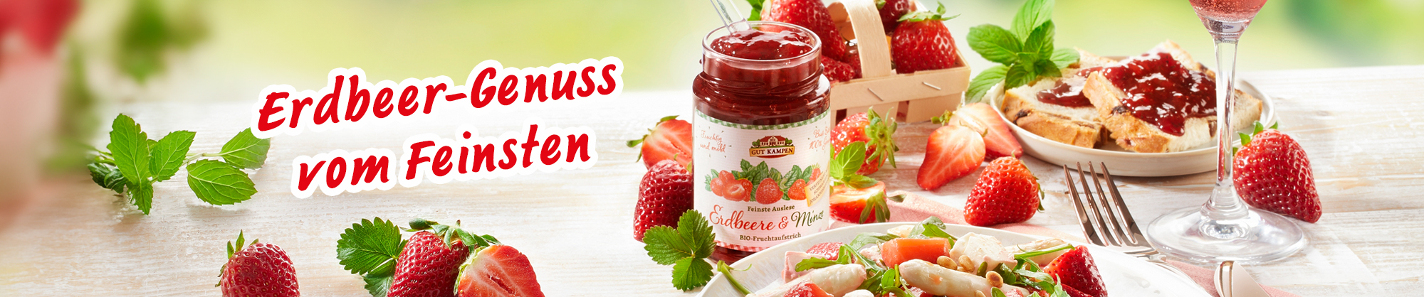 BIO Erdbeer-Konfitüre mit frischen Erdbeeren, Toast und Salat auf Holztisch