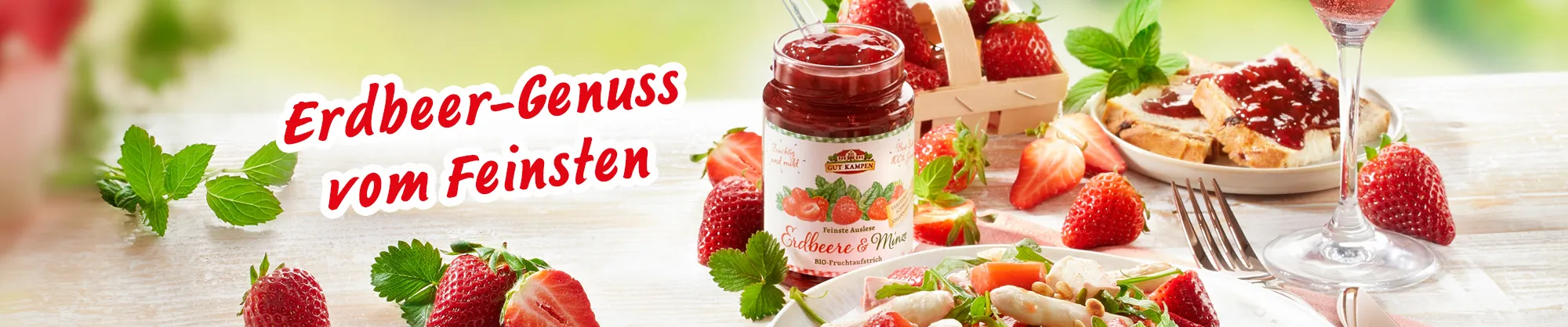 BIO Erdbeer-Konfitüre mit frischen Erdbeeren, Toast und Salat auf Holztisch