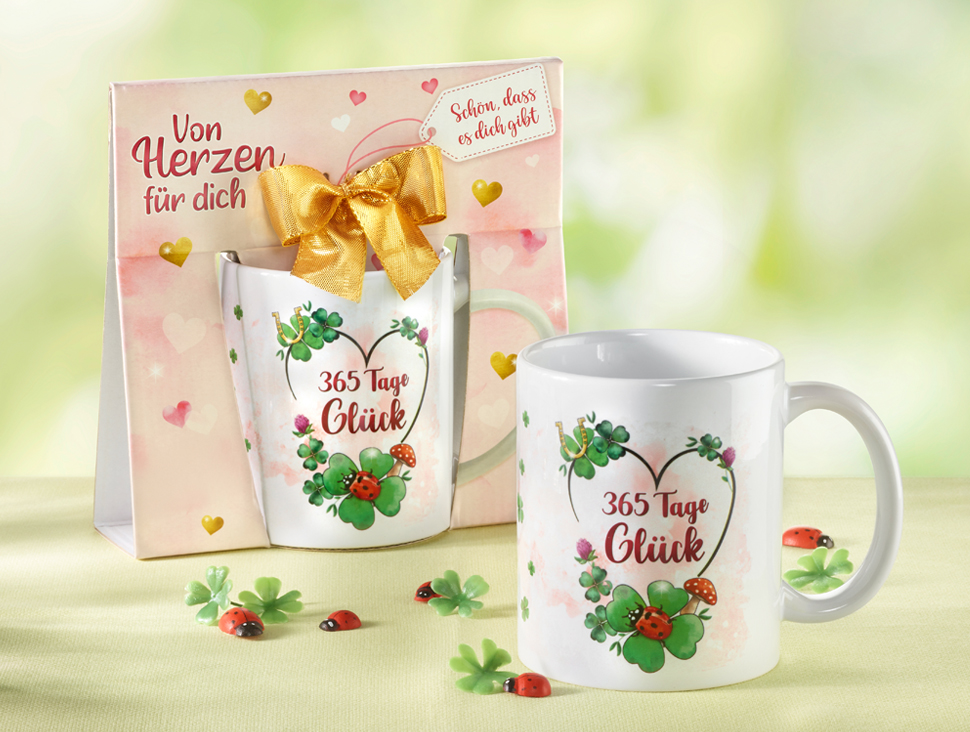 Tassen-Set „365 Tage Glück“ mit Geschenkverpackung und Schleife