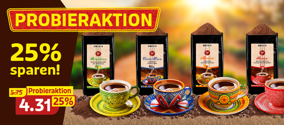 Vier Kaffeesorten mit bunten Tassen in der Probieraktion
