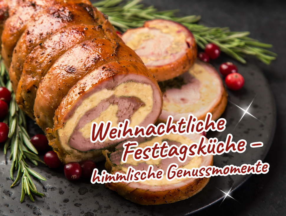 Gefüllter Braten mit Kräutern und Preiselbeeren auf schwarzem Teller