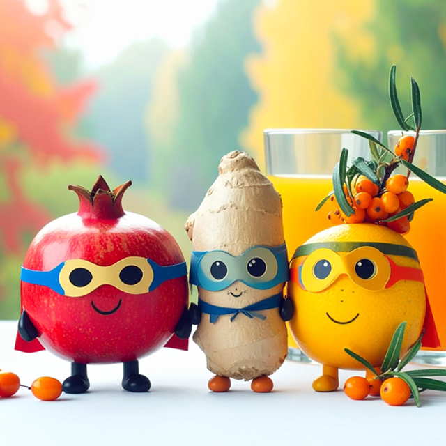 Granatapfel, Ingwer und Orange als lustige Herbsthelden