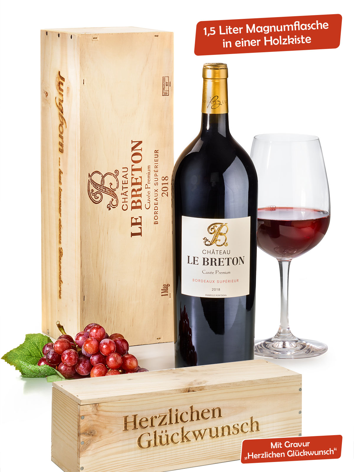„Château Le Breton“ 1,5 , Magnum in Holzkiste,  Cuvée Premium Bordeaux Supérieur 2018