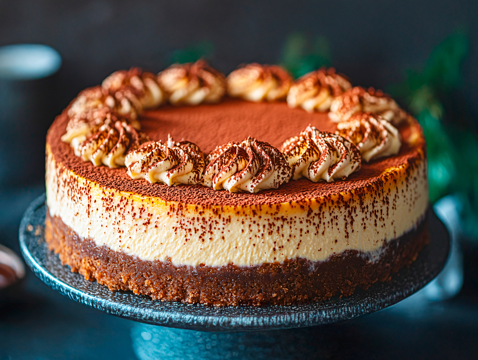 Cremige Mokka-Torte mit Mascarpone-Creme und Kakao bestäubt