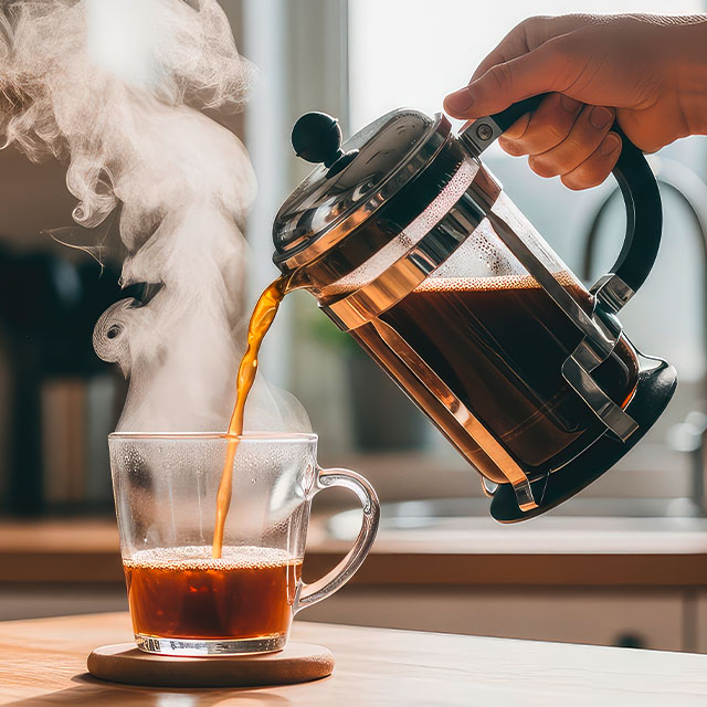 French Press gießt Kaffee in Glas mit aufsteigendem Dampf