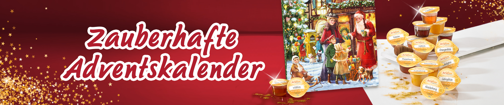 Adventskalender mit Honigportionen und weihnachtlichem Motiv