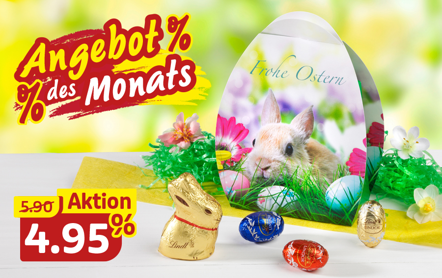 Osterangebot: Lindt Schokohase und Eier in festlicher Verpackung im Ei-Design.