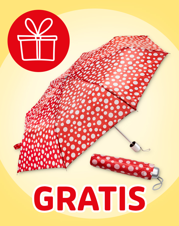 Gratis roter Regenschirm mit weißen Punkten als Aktionsgeschenk