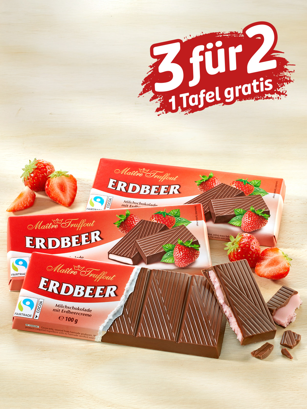 „3 für 2“ Erdbeer-Milchschokolade