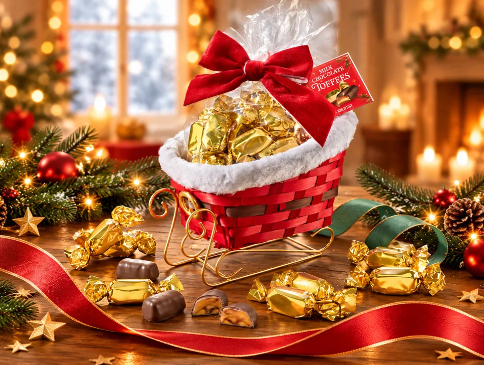 Weihnachtsschlitten mit goldverpackten Toffees und roter Schleife