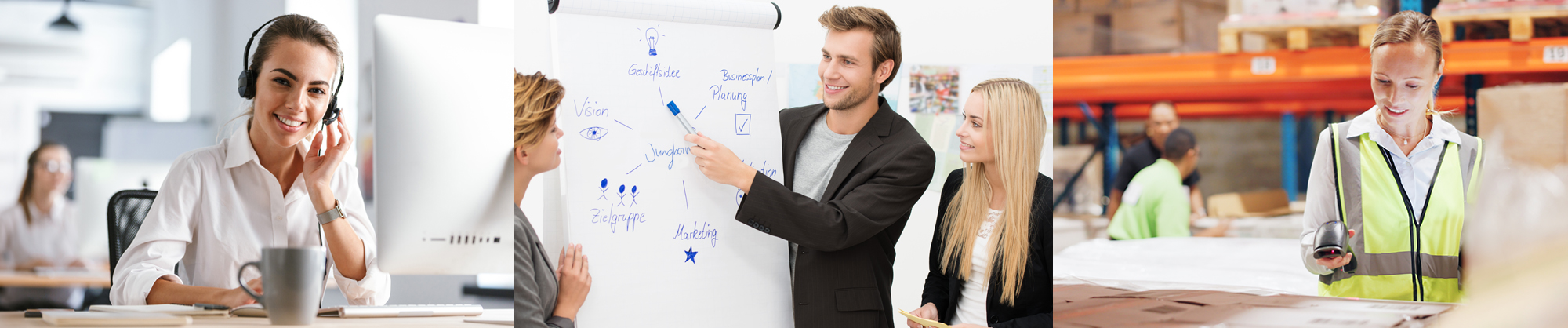 Drei Szenen aus dem Berufsalltag: Kundenservice, Teammeeting und Lagerarbeit.