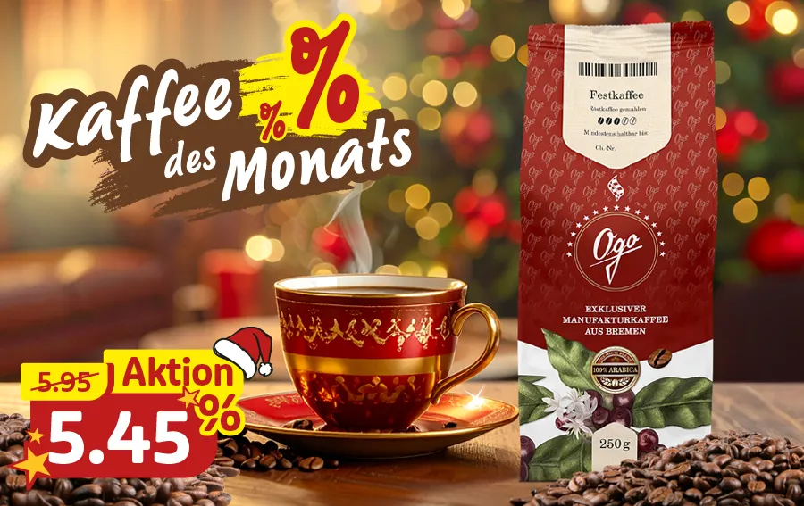 Festlicher Ogo-Manufakturkaffee neben dekorativer Tasse und Kaffeebohnen