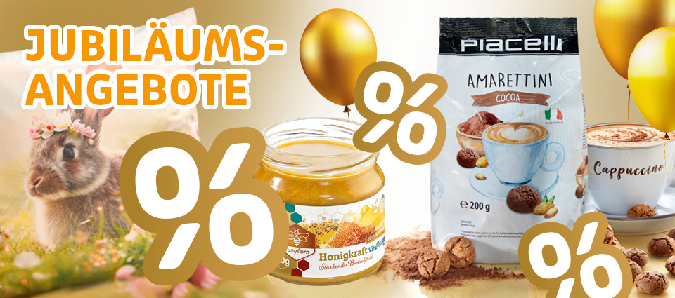 Jubiläumsangebote mit Prozent-Rabatten auf Genussprodukte