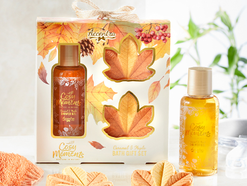 Pflege-Set mit Duschgel und Seifen in Blattform im herbstlichen Design