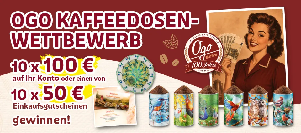 Ogo Kaffeedosen-Wettbewerb mit sechs Motivdosen und Geldpreisen
