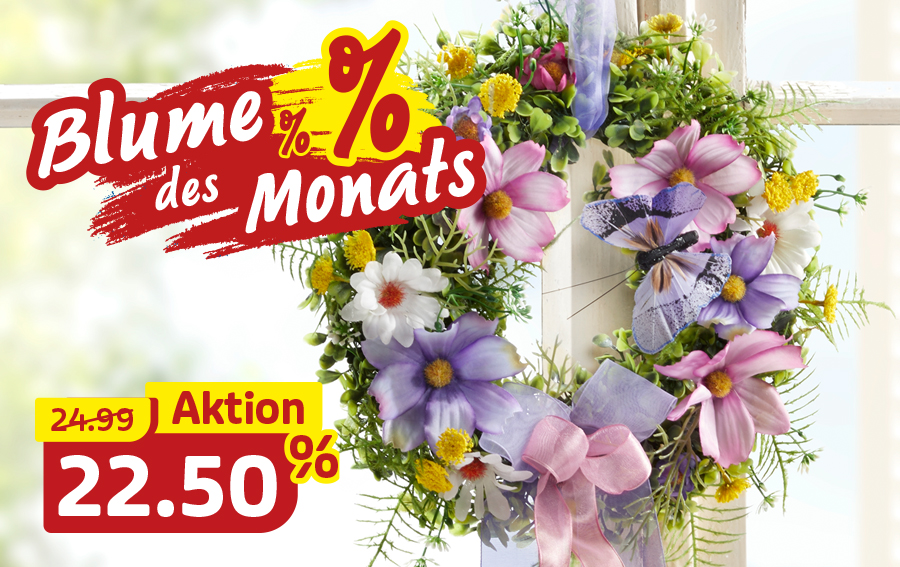 Frühlingshafter Türkranz mit bunten Blumen, Schleifen und Schmetterling