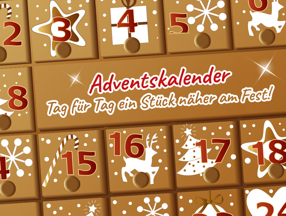 Adventskalender mit goldenen Türchen und festlichen Motiven