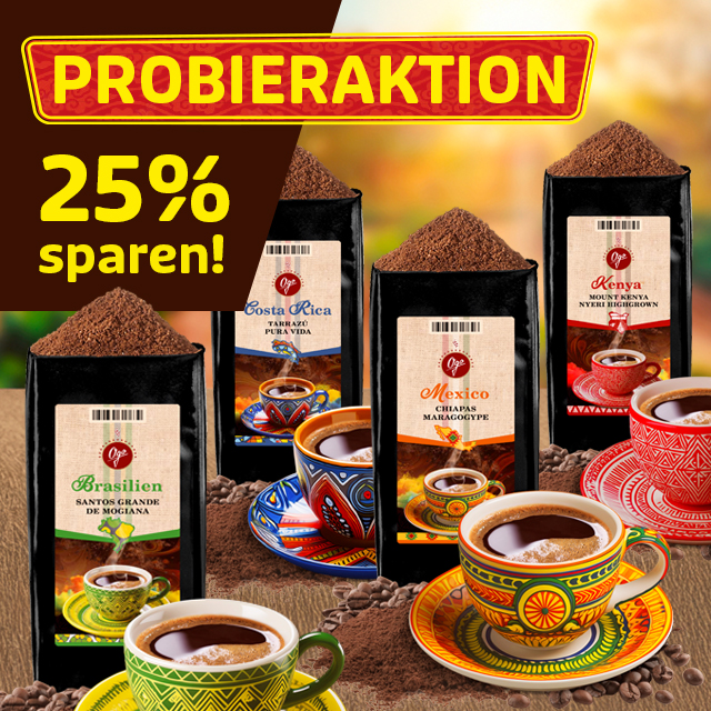 Vier Kaffeesorten mit bunten Tassen in der Probieraktion