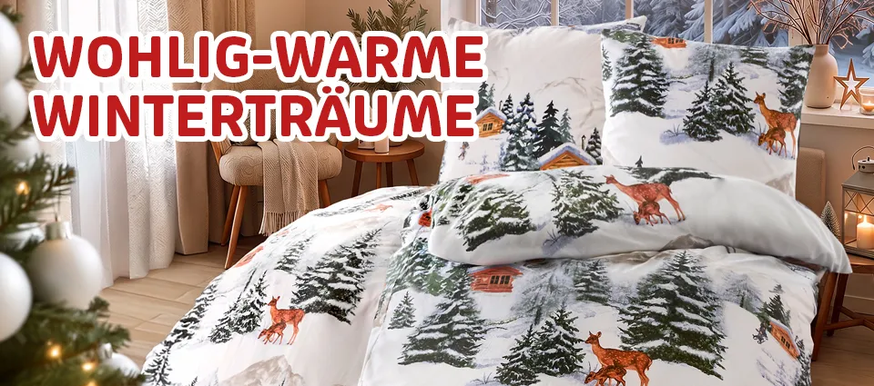 Winterliche Bettwäsche mit Rehen, Tannen und verschneiten Berghütten