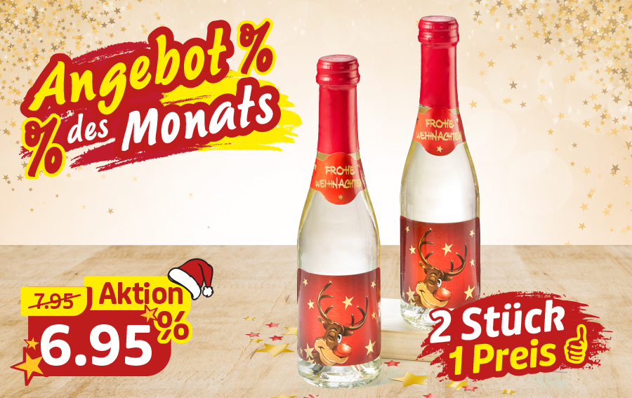 Zwei festliche Sektflaschen mit Weihnachtsmotiv im Aktionsangebot