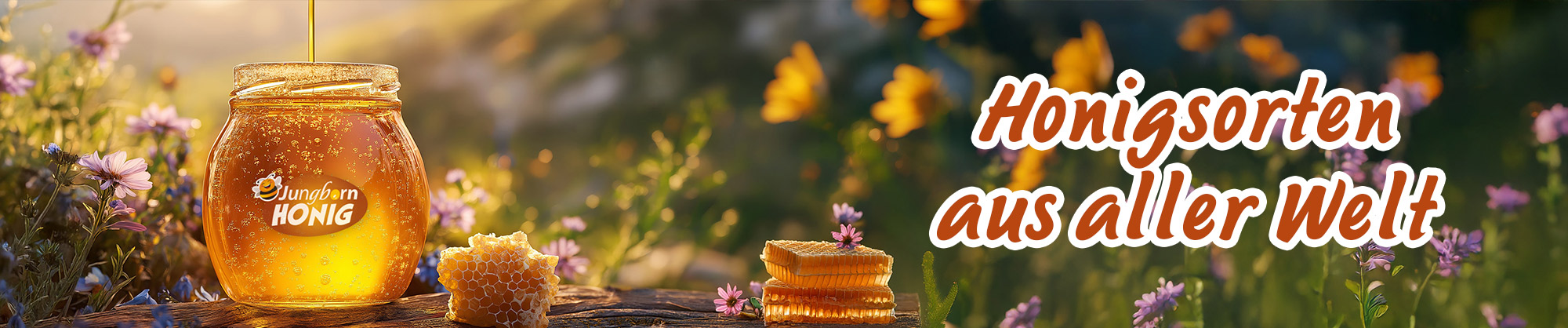 Honigglas in Blumenwiese mit Waben, daneben Text ›Honigsorten aus aller Welt‹