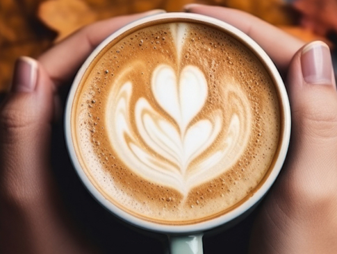 Tasse Cappuccino mit Latte Art in Herzform, gehalten von zwei Händen
