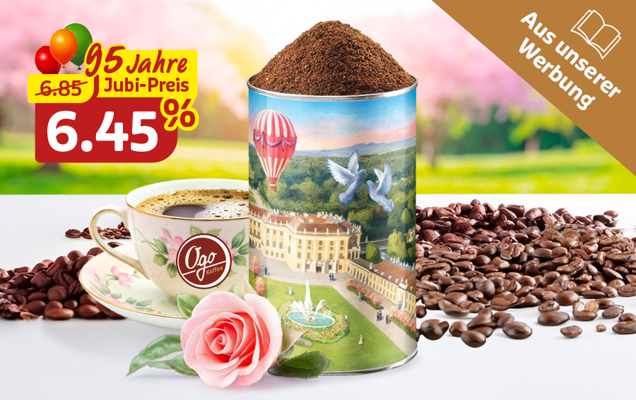 Gemahlener Kaffee in Dose mit Tasse und Kaffeebohnen