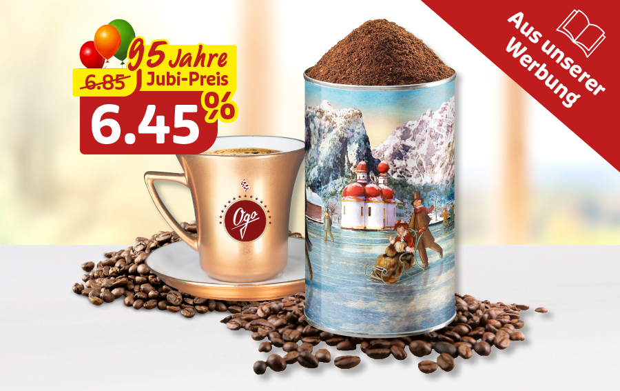 Ogo Kaffee in Dose mit Tasse und Kaffeebohnen zum Jubiläumspreis