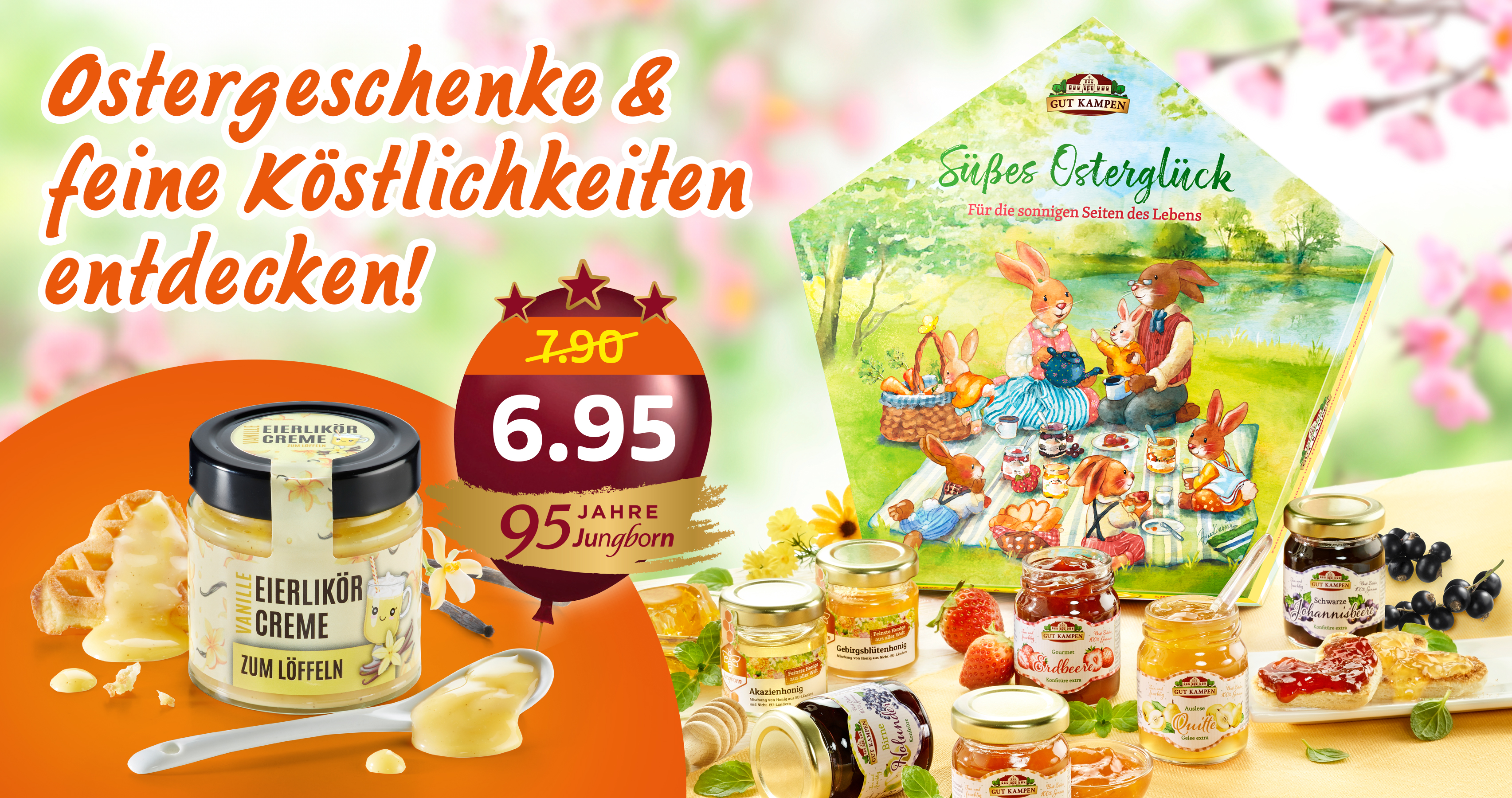 Ostergeschenke mit Likörcreme, Honig und Marmeladen im Frühlingsmotiv