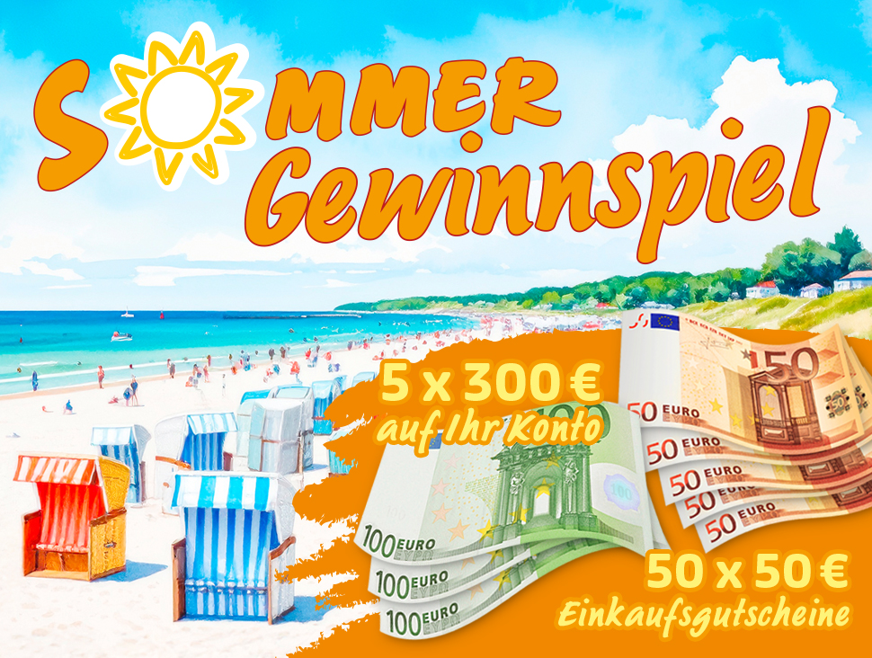 Sommer-Gewinnspiel mit Geldpreisen und Einkaufsgutscheinen am Strand