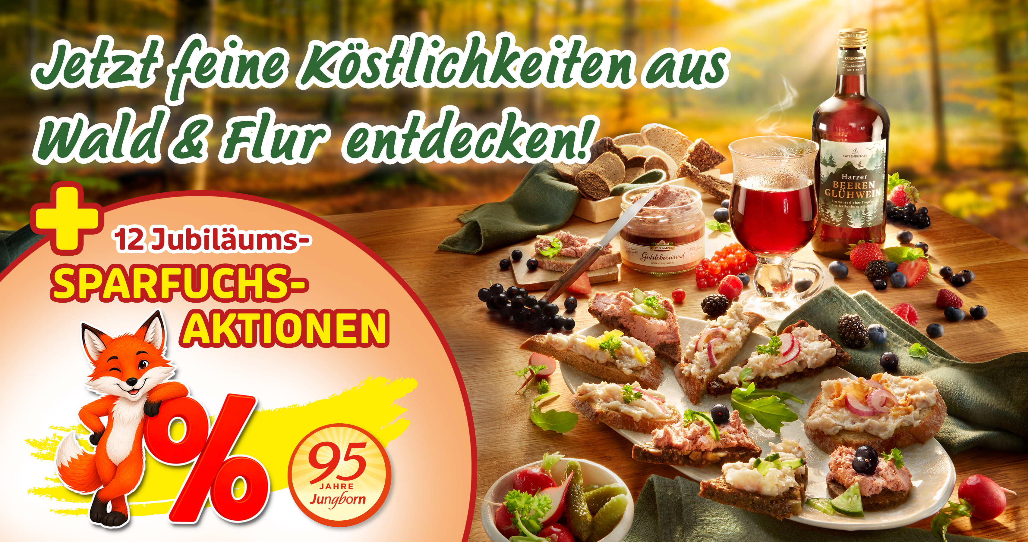 Köstlichkeiten aus Wald und Flur mit Aufstrichen, Beeren und Glühwein