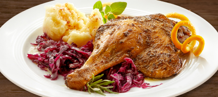 Festtagsente mit Rotkohl und Kartoffelpüree auf weißem Teller serviert