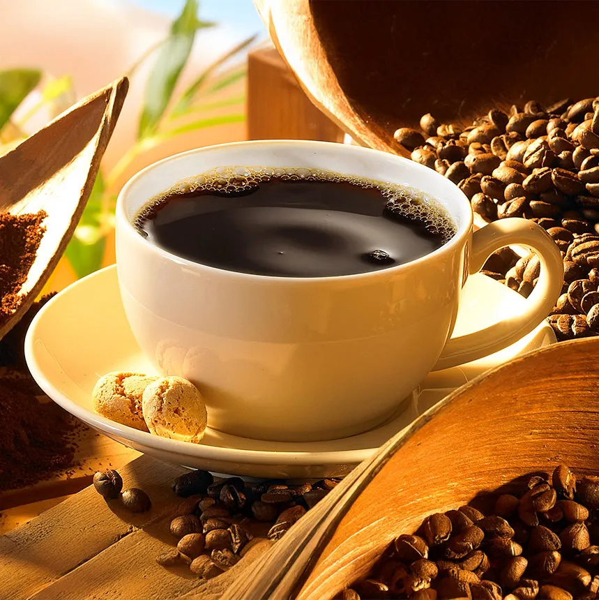Tasse Kaffee mit Bohnen und Kaffeepulver arrangiert